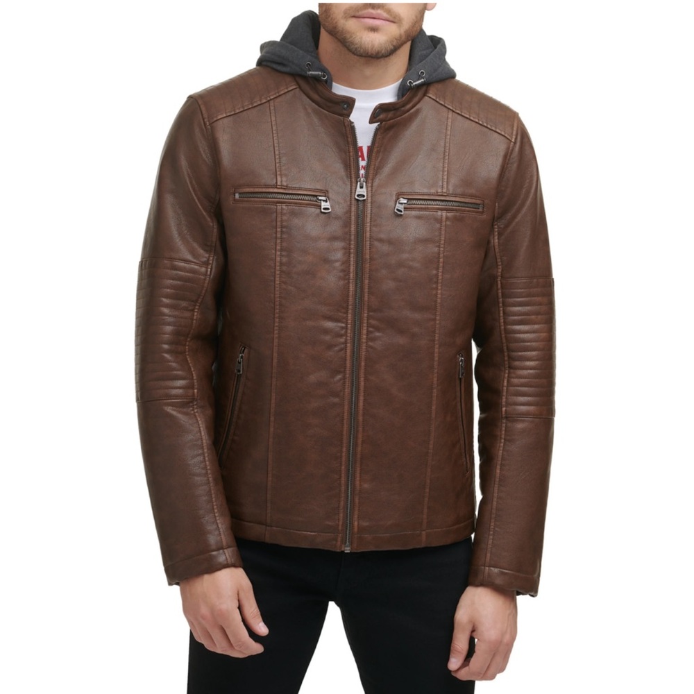 Men's Levi Brown Leather Jacket with Hood